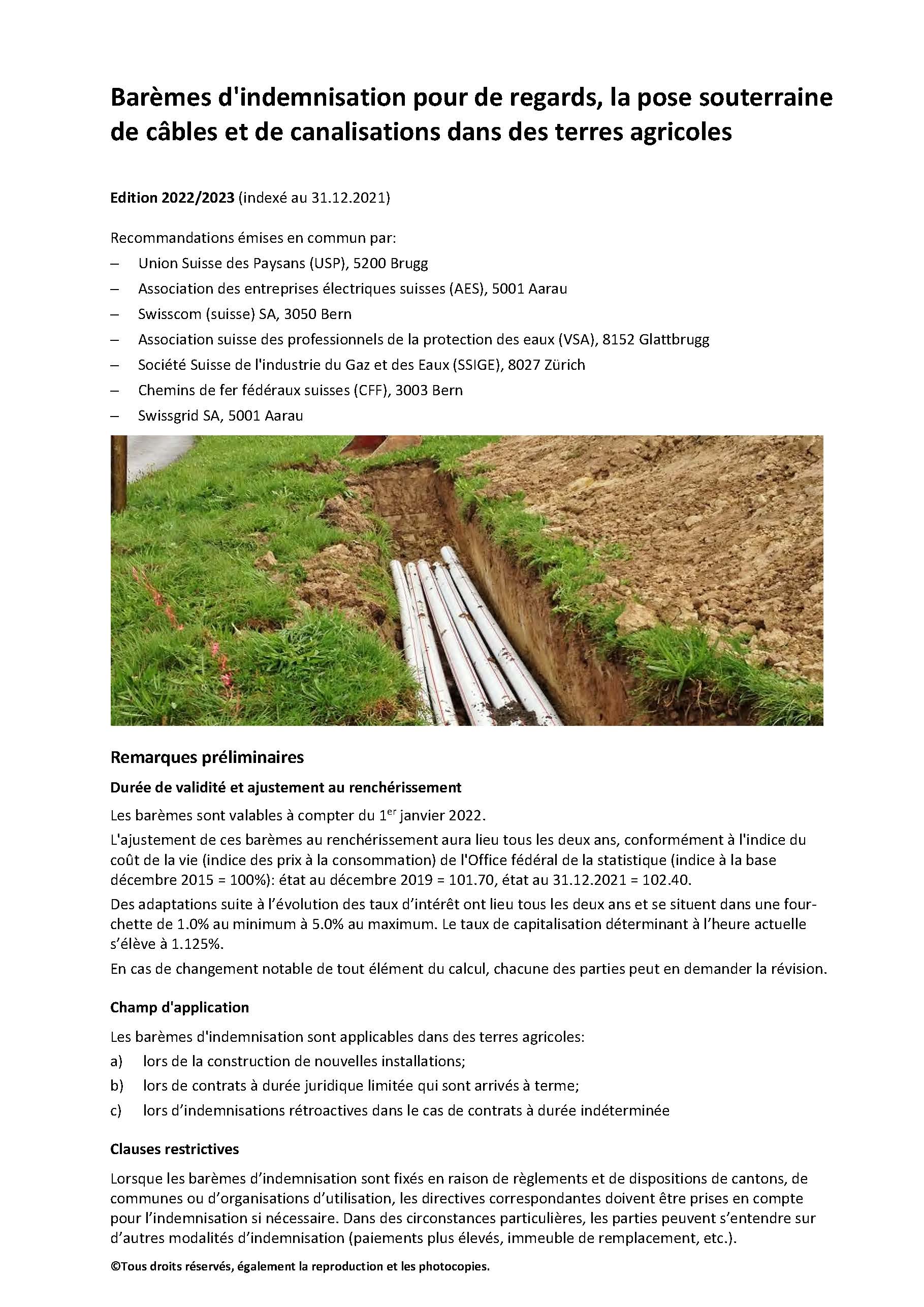 Barèmes d'indemnisation pour de regards, la pose souterraine de câbles et de canalisations dans des terres agricoles - Édition 2022/2023