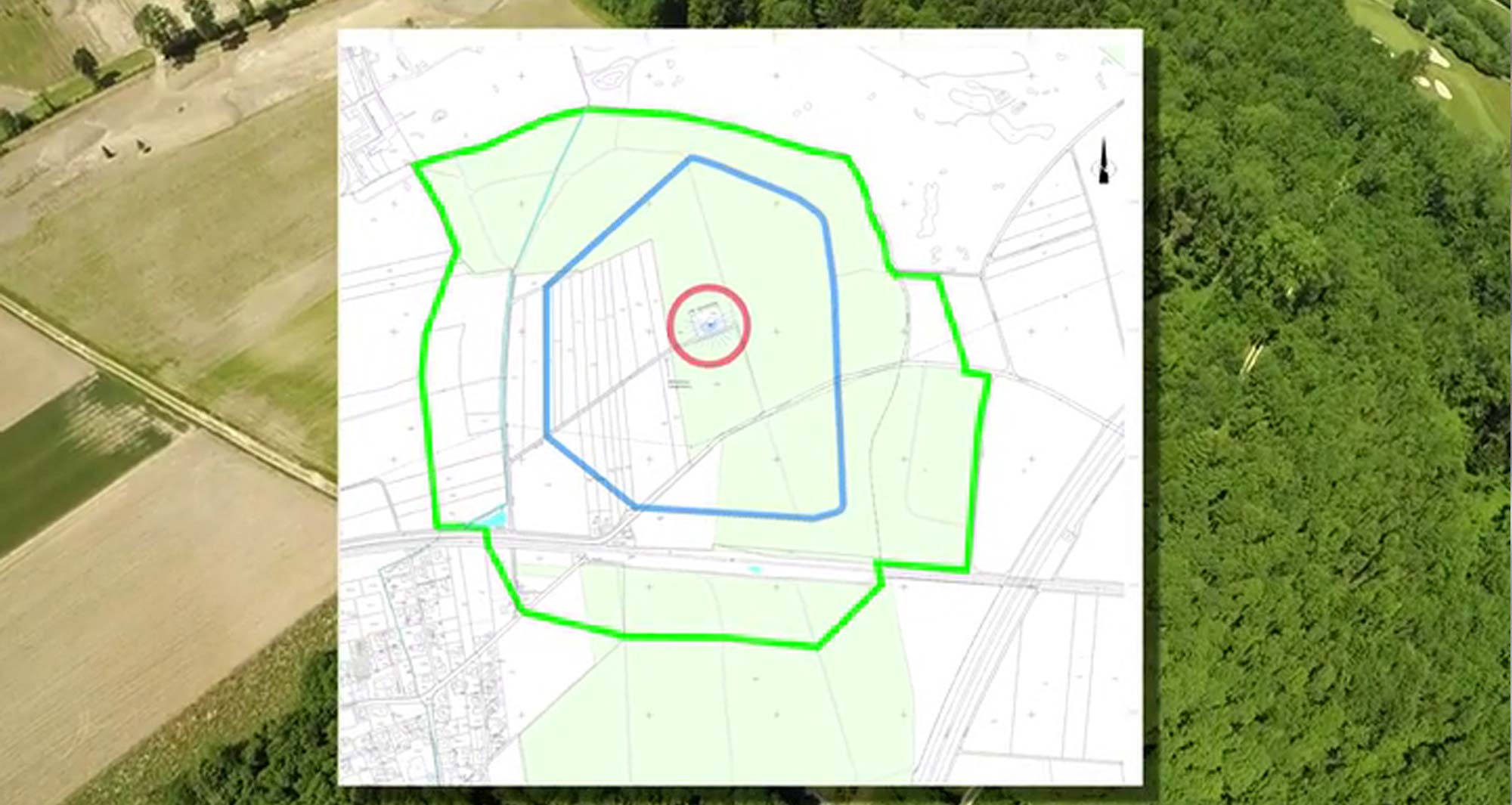 Jede Schutzzone ist in drei Bereiche unterteilt. Rot: Schutzzone 1, Blau: Schutzzone 2, Grün: Schutzzone 3