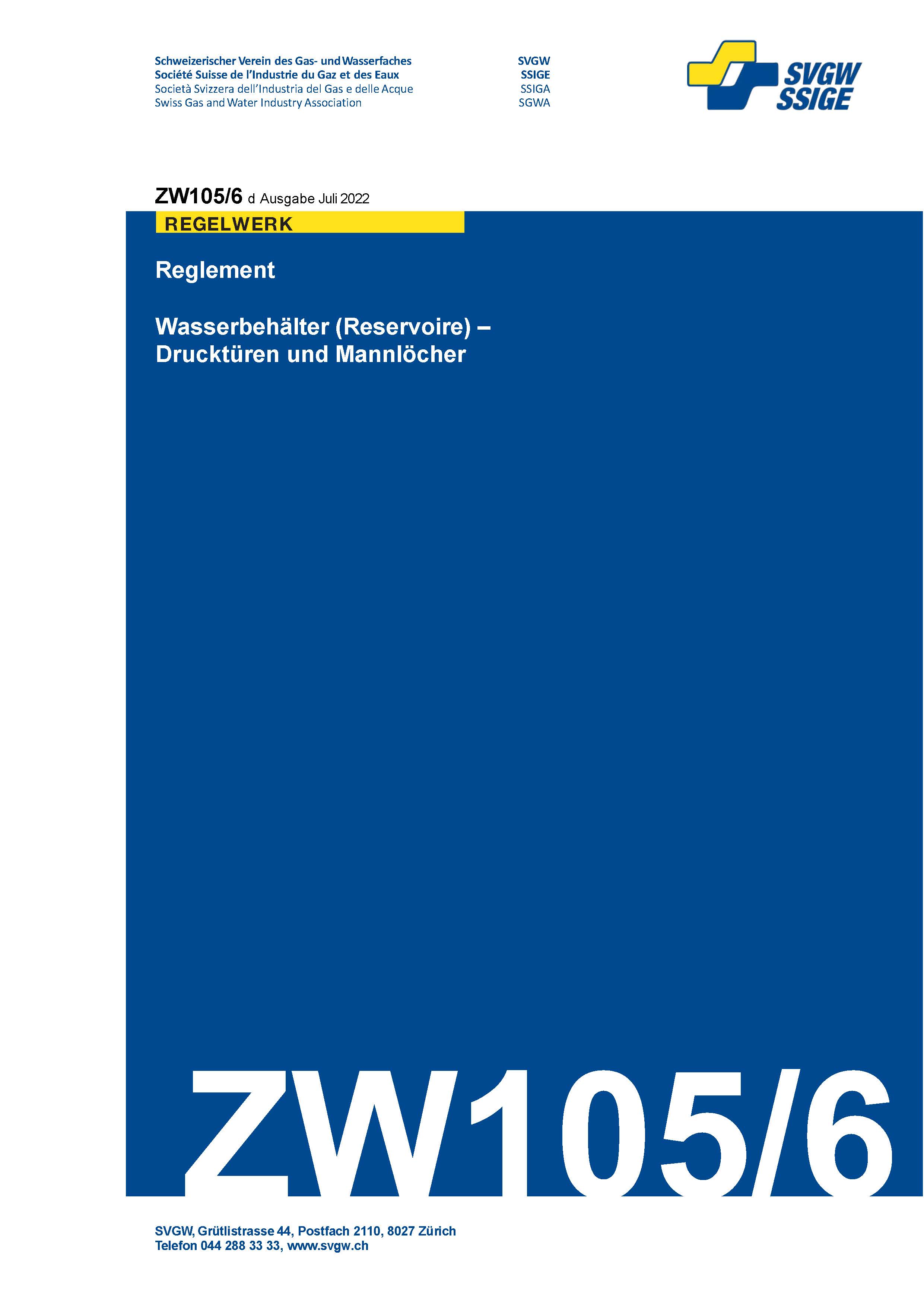 ZW105/6 d - Reglement; Wasserbehälter (Reservoire) - Drucktüren und Mannlöcher