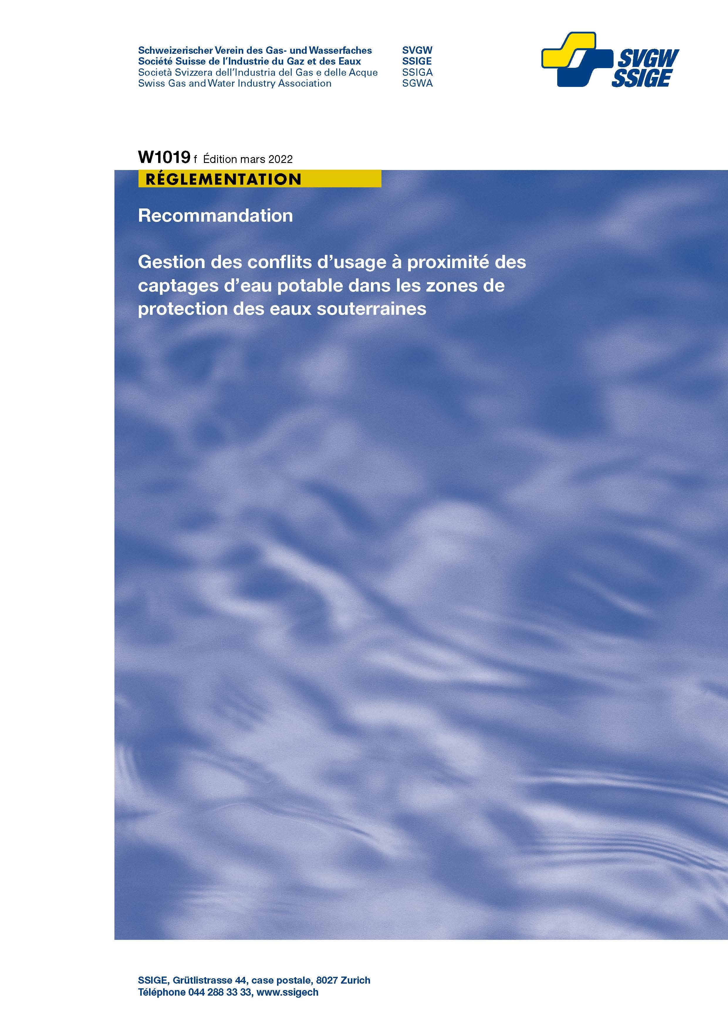 W1019 f Recommandation; Gestion des conflits d’usage à proximité des captages d’eau potable dans les zones de protection des eaux souterraines