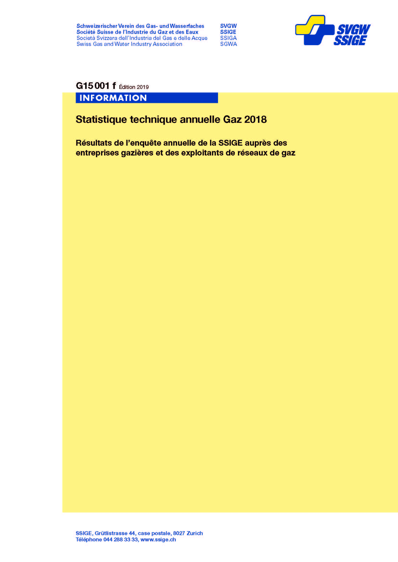 G15001 f Information; Statistique technique annuelle Gaz 2018