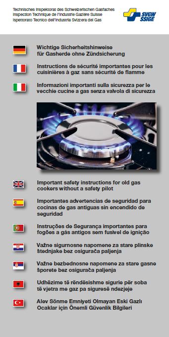 Flyer; Instructions de sécurité importantes pour les cuisinières à gaz sans sécurité de flamme, en dix langues / Format A4