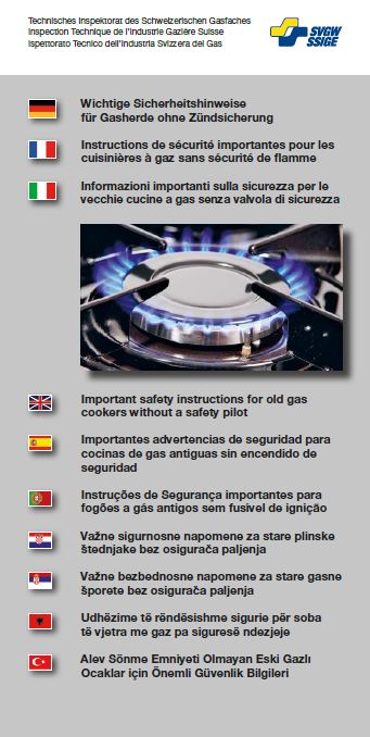 Flyer; Wichtige Sicherheitshinweise für Gasherde ohne Zündsicherung, zehnsprachig / Leporello-Format