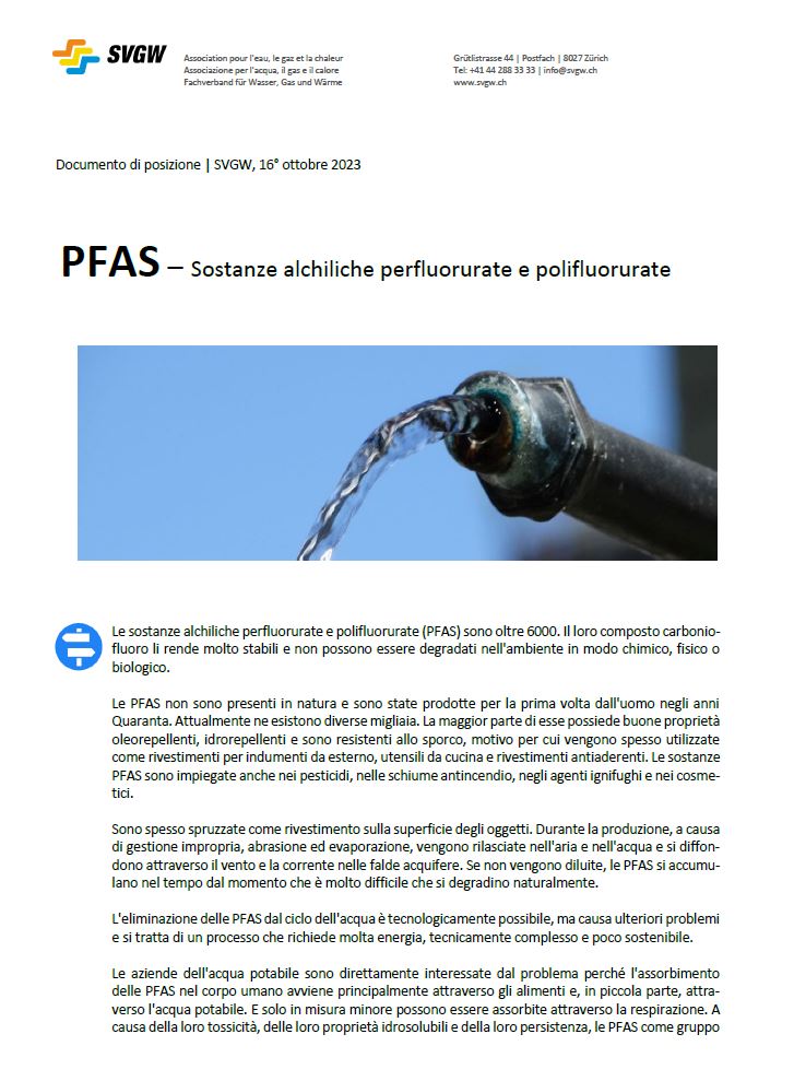 Presa di posizione: «PFAS – Sostanze alchiliche perfluorurate e polifluorurate»